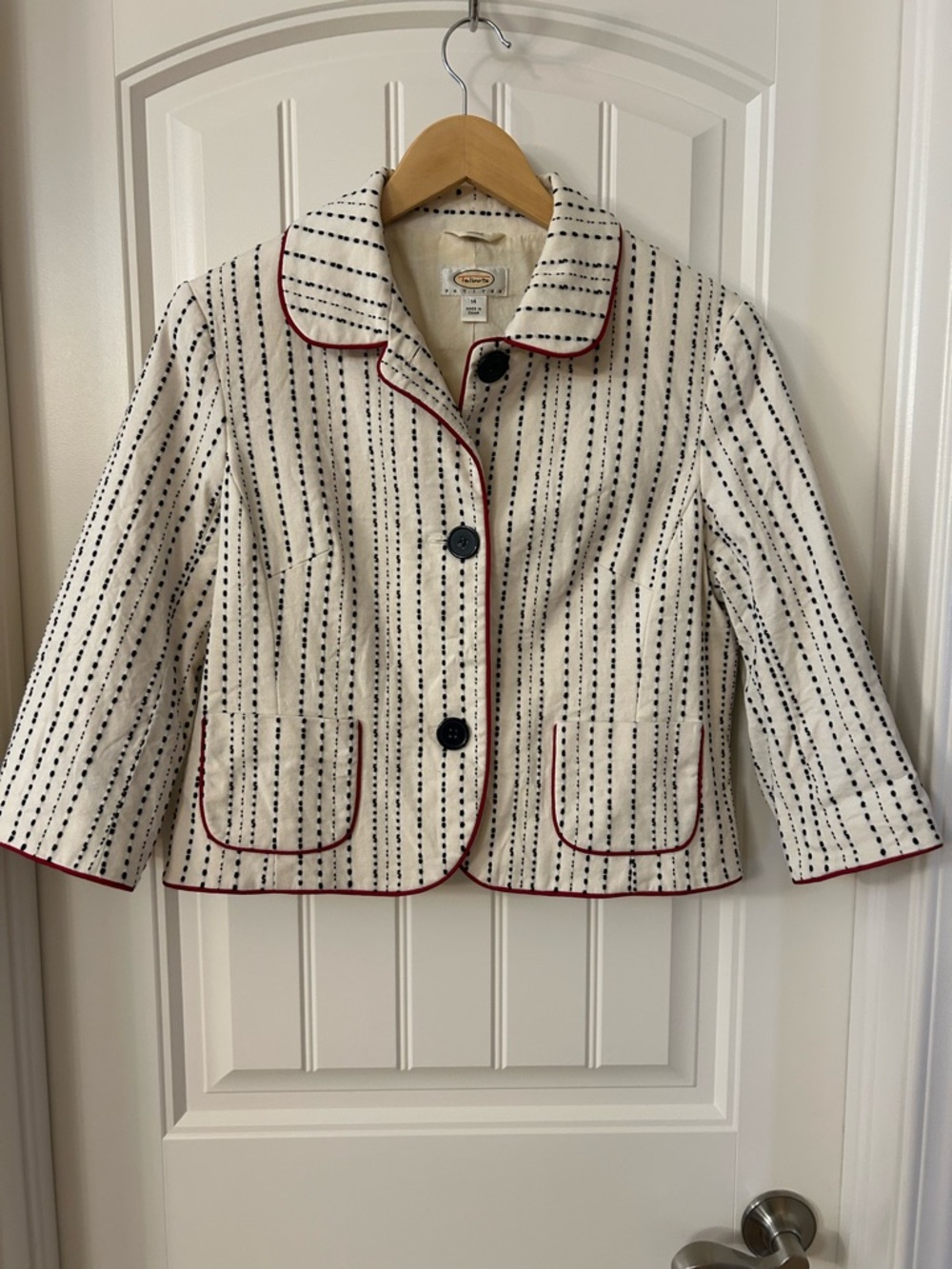 Talbots Cream Jacket with Navy Dotted Stripes and Red Piping